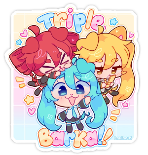 Miku, Teto and Neru with dog ears titled Triple Barka